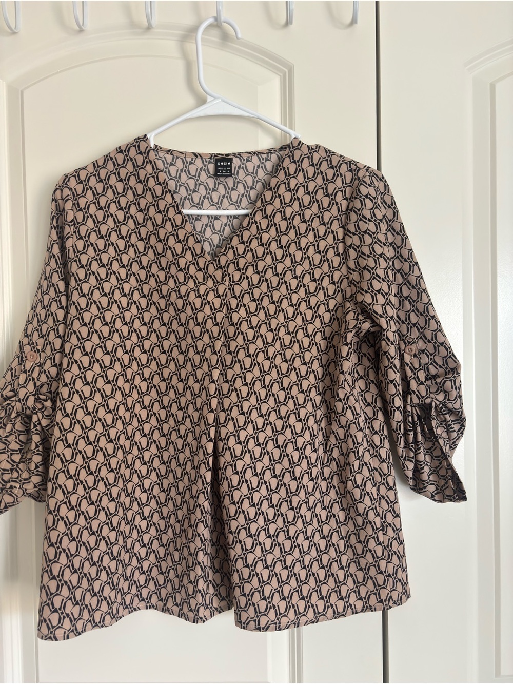 SHEIN Taupe and Black Printed V-Neck Blouse